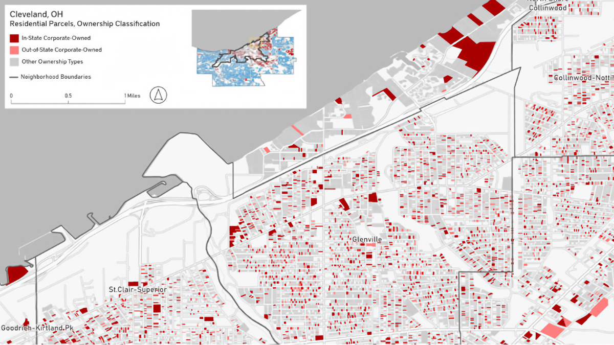 GIS map of Cleveland neighborhoods with residential parcels color-coded to show in-state and out-of-state corporate ownership.