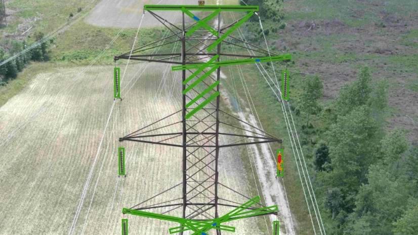 A 3D image of a power line with overlaid green lines