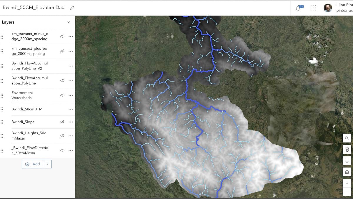 ArcGIS Pro interface showing Bwindi's digital terrain model overlaid with a river network derived from 50-centimeter Maxar elevation data.