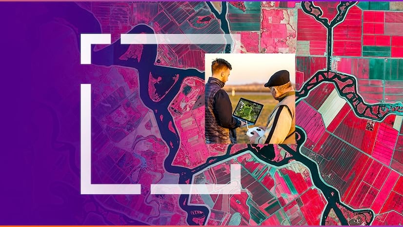 Abstract illustration of a map in purple and red with an inset image of 2 men flying a drone