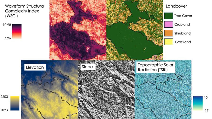 Five-panel composite showing the environmental input variables used for Bwindi species occurrence modeling, including canopy complexity, landcover, elevation, slope, and solar radiation.