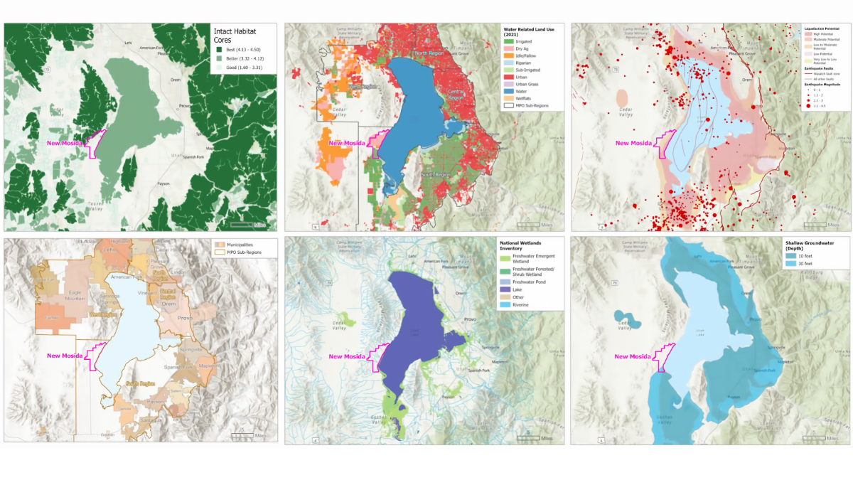 Six-panel GIS map showing New Mosida's location within overlapping data layers: habitat cores, water land use, seismic risk, wetlands inventory, groundwater depth, and MPO sub-regions.