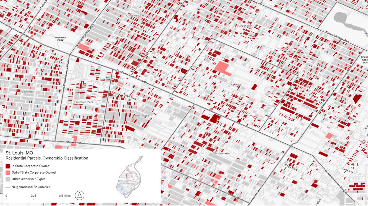 GIS map of St. Louis neighborhoods densely marked with red parcels indicating high rates of corporate residential ownership.