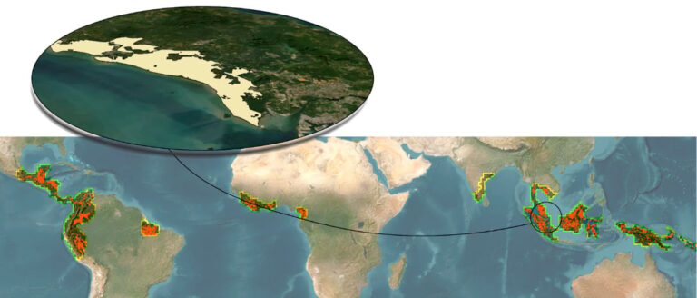 A world map showing palm oil sourcing regions highlighted in orange and red across Southeast Asia, Latin America, and Africa, with a circular inset zooming into Peninsular Malaysia's southern coast to show Bunge's primary sourcing area in Johor state.