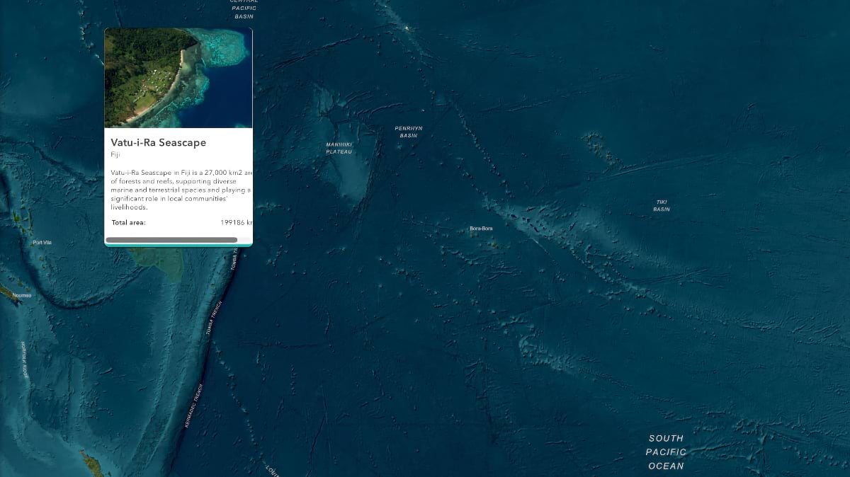 WCS Impact Platform map of Fiji's Vatu-i-Ra Seascape, a 199,186 km² marine and terrestrial conservation area in the South Pacific.