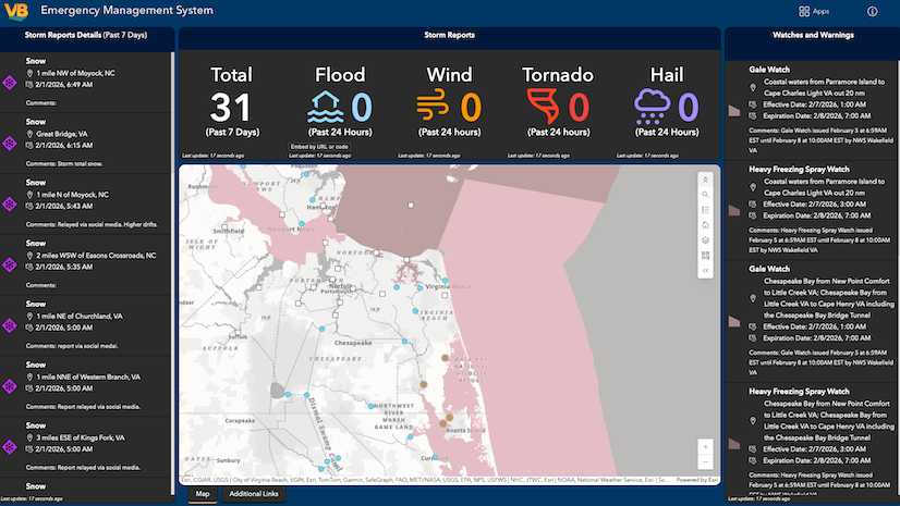 An emergency operations dashboard displaying a map, weather, and data