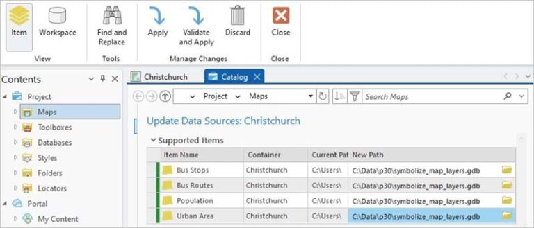 An ArcGIS Pro project with the update data sources option highlighted
