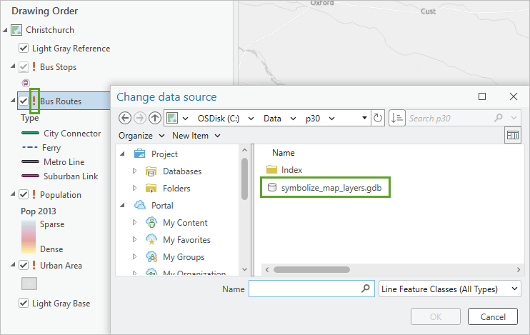 An ArcGIS Pro snippet with a popup box for change data source