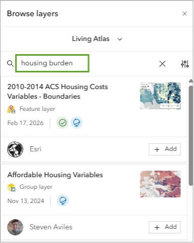 A Living Atlas layer with housing burden entered in the search box