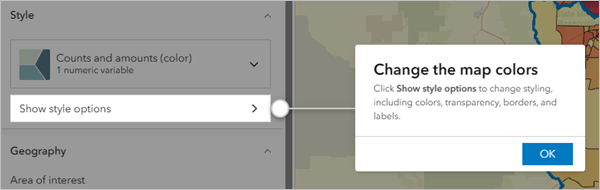 A popup box over a map with the text change the map colors at the top