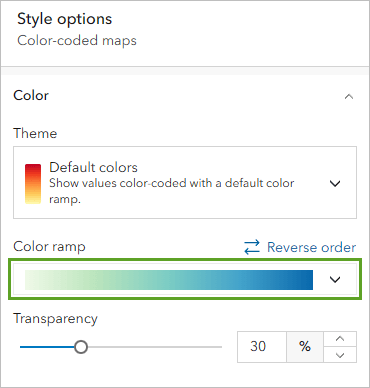 A style options popup box with a color ramp