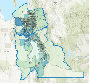 A map with regions highlighted in shades of blue and green