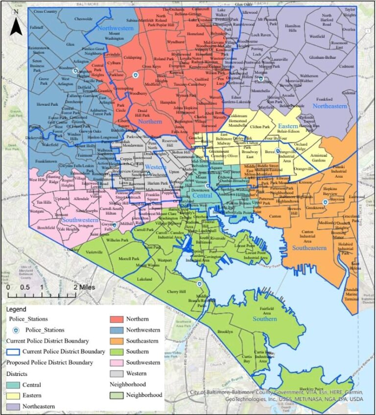 A map of Baltimore shows nine color-coded police districts, with blue lines marking the previous boundaries for comparison.