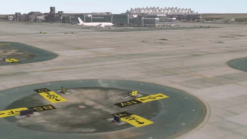 A digital rendering of a Denver Airport runway and a plane