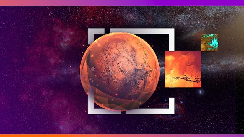 A planet set against an abstract pink and purple background