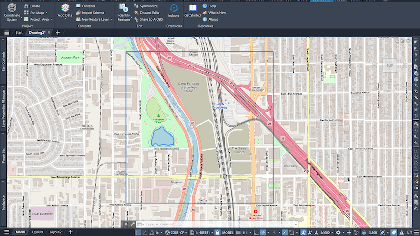 A street map with a large blue square over the middle area