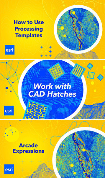 Three thumbnails of ArcGIS Pro Shorts, each with the title of a separate video: “How to Use Processing Templates,” “Work with CAD Hatches,” and “Arcade Expressions.”