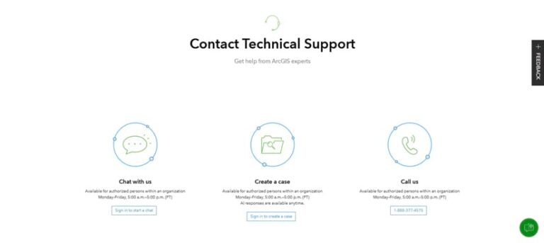 Screenshot of a webpage titled “Contact Technical Support,” with multiple options for how to proceed, including creating a case and calling Esri technical support.