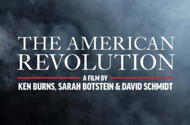 Smoky blue title card with white text reading “The American Revolution, a film by Ken Burns, Sarah Botstein & David Schmidt.”