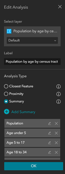 Screenshot of the Near Me tool interface in ArcGIS Experience Builder. The panel is labeled “Edit Analysis” and includes options to select the layer, select analysis type, and add summary