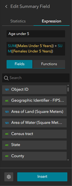 Screenshot of the Near Me tool interface in ArcGIS Experience Builder. The panel is labeled “Edit Summary Field” and includes options to select the “Statistics” or “Expression” tab. The “Expression” tab is selected, displaying fields such as Object ID, Census tract, State, and County.