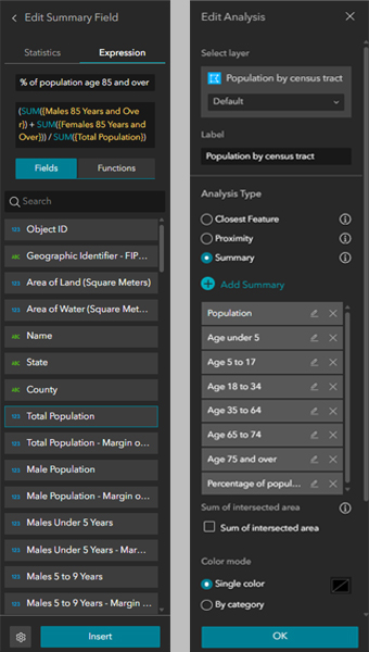 Side-by-side screenshots of the Near Me tool interface in ArcGIS Experience Builder. The left screenshot is labeled “Edit Analysis” and includes options to select the layer, select analysis type, and add summary. The right screenshot is labeled “Edit Summary Field” and includes options to select the “Statistics” or “Expression” tab. The “Expression” tab is selected, displaying fields such as Object ID, Census tract, State, and County.