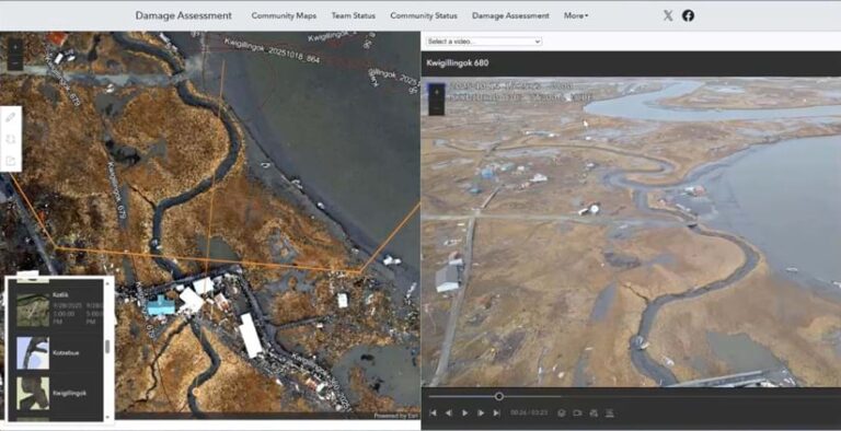 Screenshot of two side-by-side images of the same stretch of coastline. The lefthand image is an overhead view, and the righthand image is at an angle, taken by a drone. Both images display storm damage.