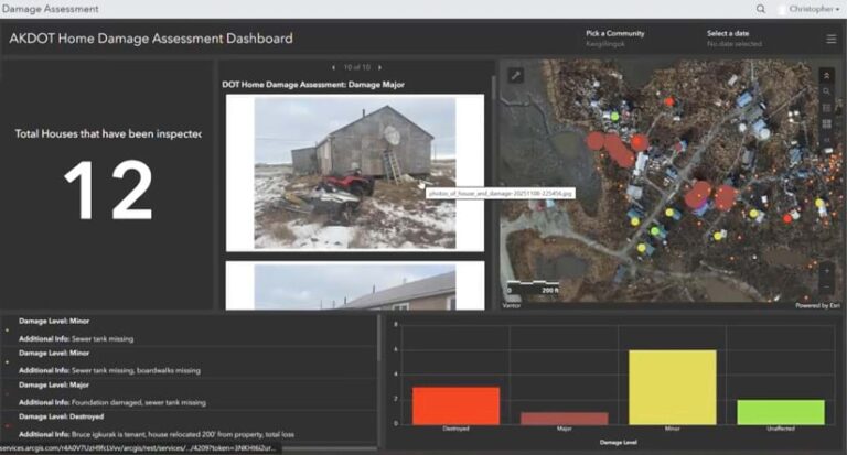 Screenshot of a dashboard with number of houses inspected on the left, photos of damages houses in the middle, and a map of damages areas on the right.