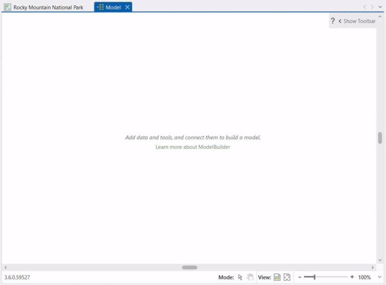 creenshot of an empty ModelBuilder interface with a prompt that reads “Add data and tools, and connect them to build a model.”