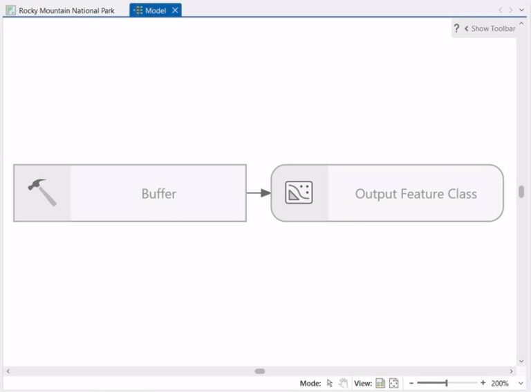 Screenshot of the ModelBuilder interface with two gray boxes reading “Buffer” and “Output Feature Class.”