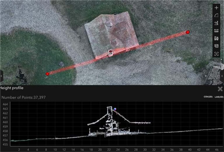 Screenshot of the Site Scan interface, with overhead imagery of a house in the top panel with multiple red dots. The bottom panel contains a graph of the number of points at each height in the shape of a house.