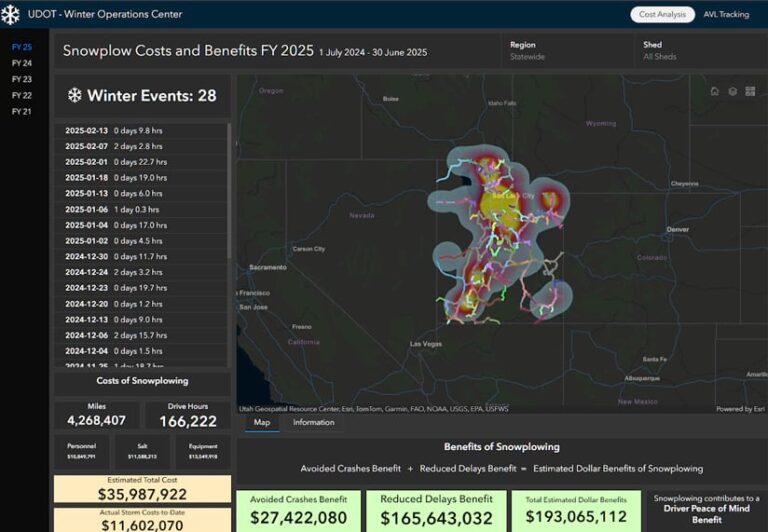 Screenshot of a dashboard titled “UDOT Winter Operations Center” with a list of winter events and a map depicting snowplowed roads.