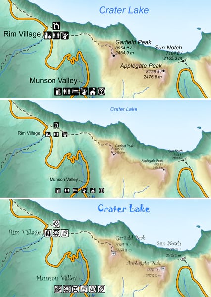 Three separate map images comparing the same stretch of the coast of crater lake with varying typography and symbology.