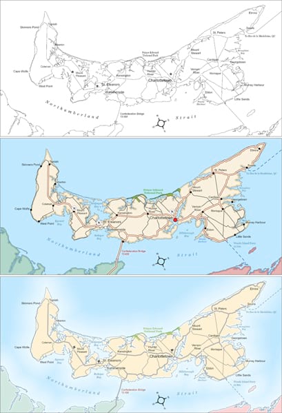 Three separate maps displaying Prince Edward Island with varying degrees of visual contrast.