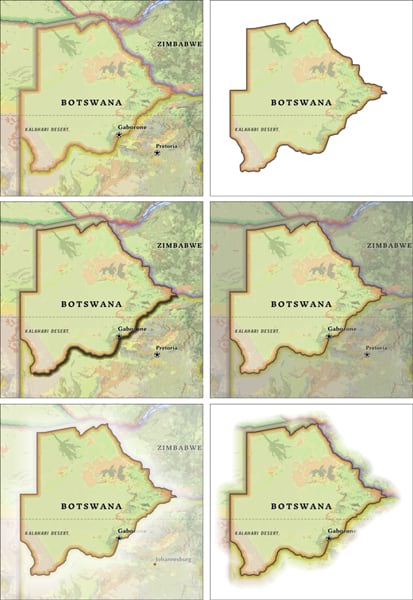 Six separate maps of Botswana depicting multiple figure-ground organization options.
