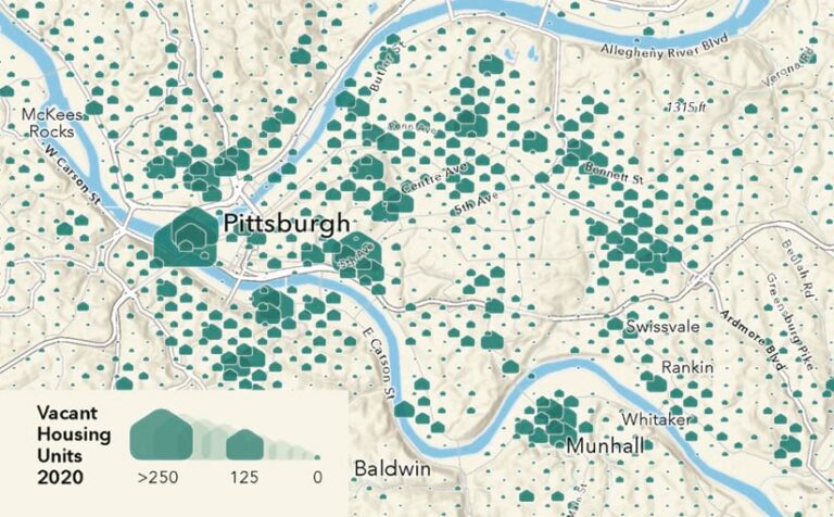 Map of Pittsburgh displaying vacant housing units with small green simplified house icons. Larger icons indicate more vacant housing units.
