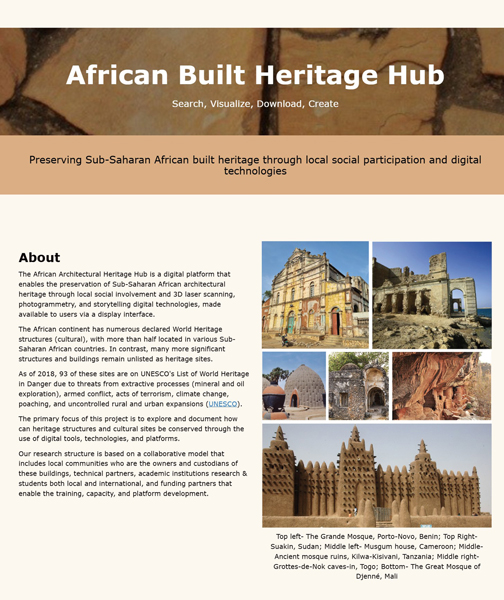 Webpage displaying an explanation of the African Built Heritage Hub, including a showcase of various historical buildings and structures.