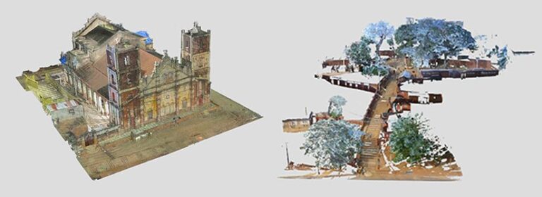 Three dimensional models of two structures. The model on the left is of a large, discolored church. The model on the right depicts a sprawling compound of trees and small buildings connected to a central staircase.