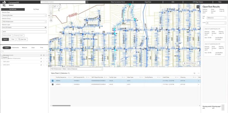 Screenshot of the CompassGIS Viewer Interface. A map with blue and yellow lines indicating streets above a table containing information about specific features.