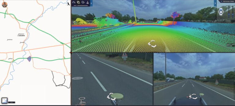 A map on the left depicts a section of road network. Three panels on the right display photographs and lidar scans of stretches of road.