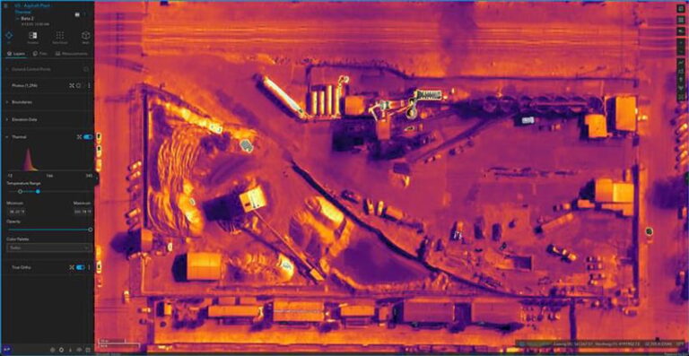 Thermal overhead image of a site that is colored with varying shades of red, yellow, and purple.