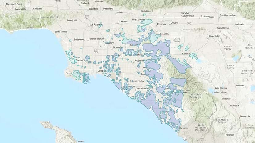 A site selection map shows the Los Angeles area with shaded neighborhoods
