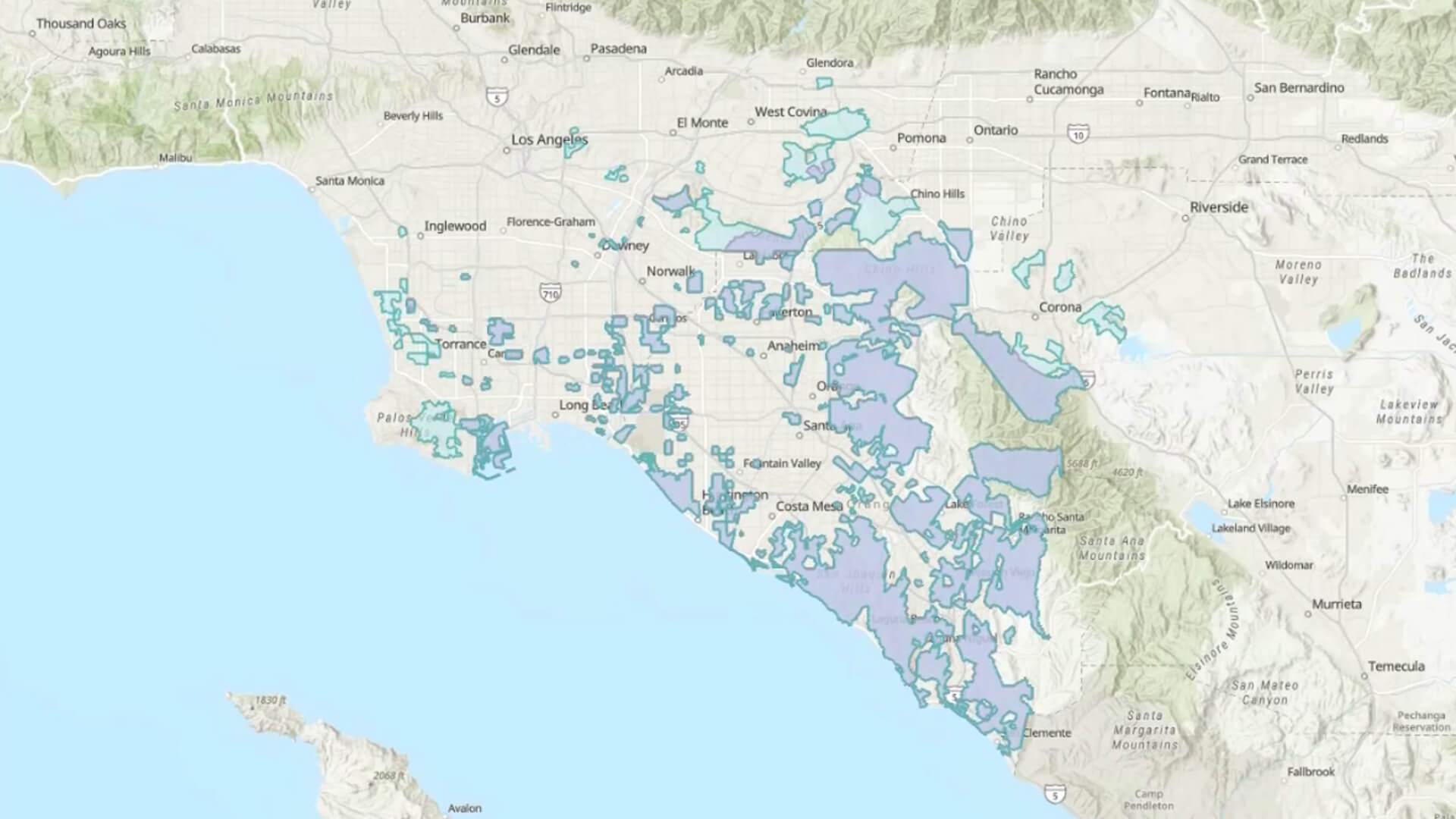 A site selection map shows the Los Angeles area with shaded neighborhoods