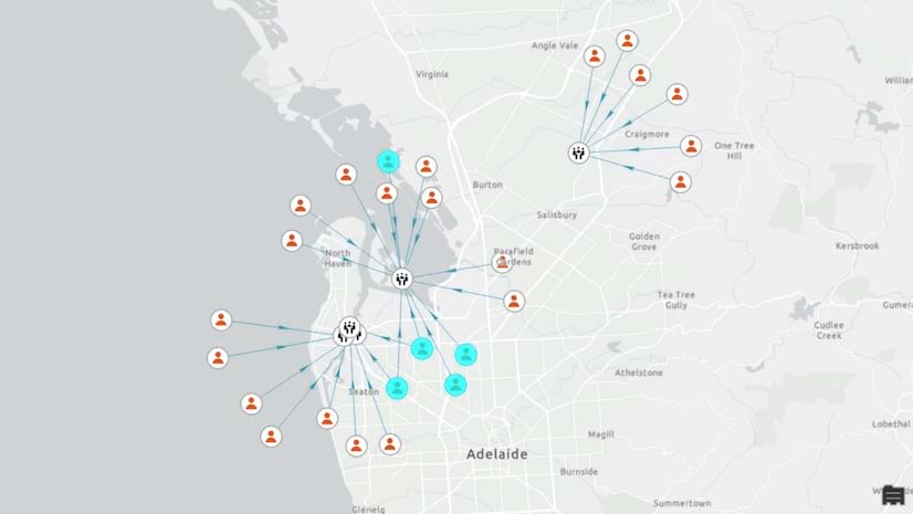 A map with a series of circular people icons connected by lines