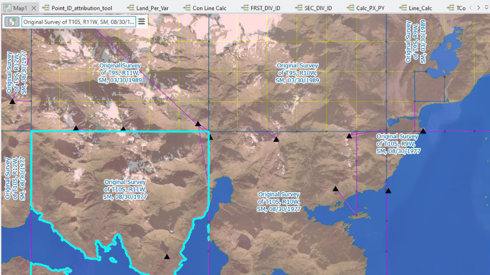 PLSS township grid overlaid on Alaska satellite imagery showing original survey labels across coastal and mountainous terrain.