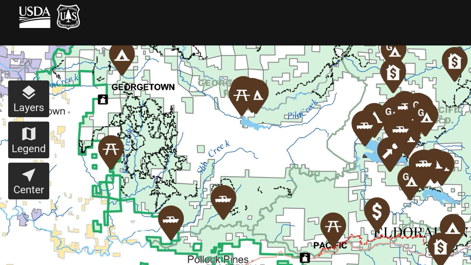 Detailed map of Eldorado National Forest with icons marking campgrounds, boating, picnic, and lodging sites.