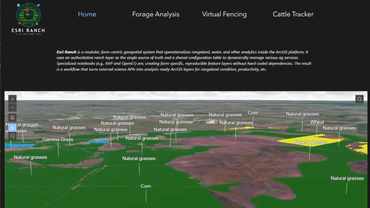 3D aerial view of McGregor ranch with land cover labels including natural grasses, corn, and wheat across Central Texas rangeland.