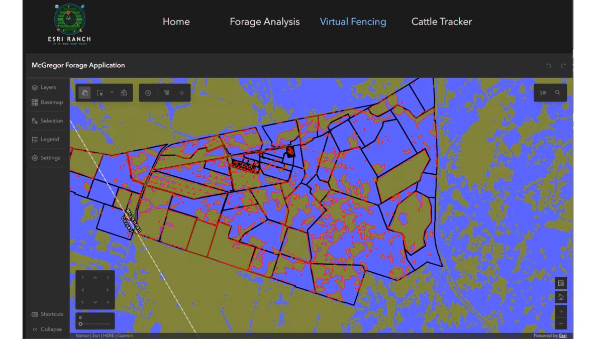Pasture polygons color-coded by forage condition across McGregor's 6,400 acres in a dark-themed map interface.