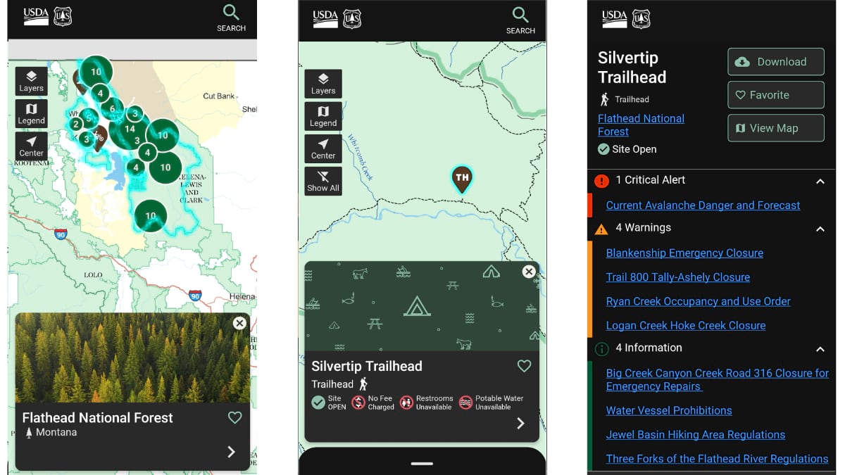 Three app screens showing Flathead National Forest map, Silvertip Trailhead pin, and its alerts and amenities list.