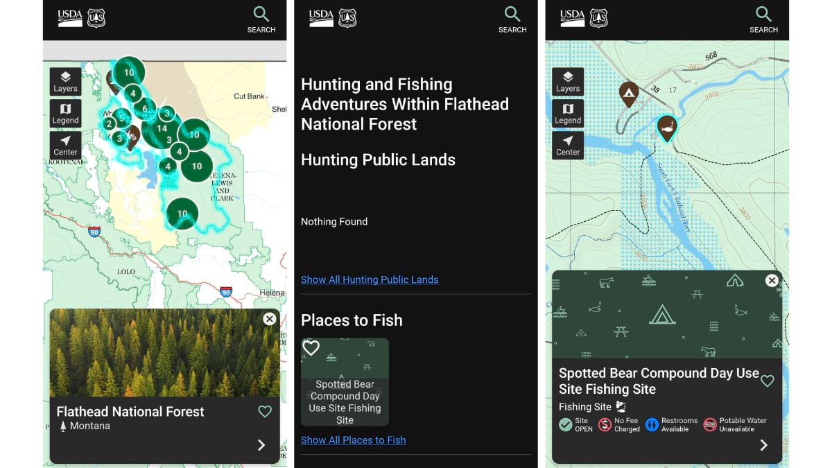 Three app screens showing Flathead National Forest map, hunting and fishing activity list, and a fishing site detail page.
